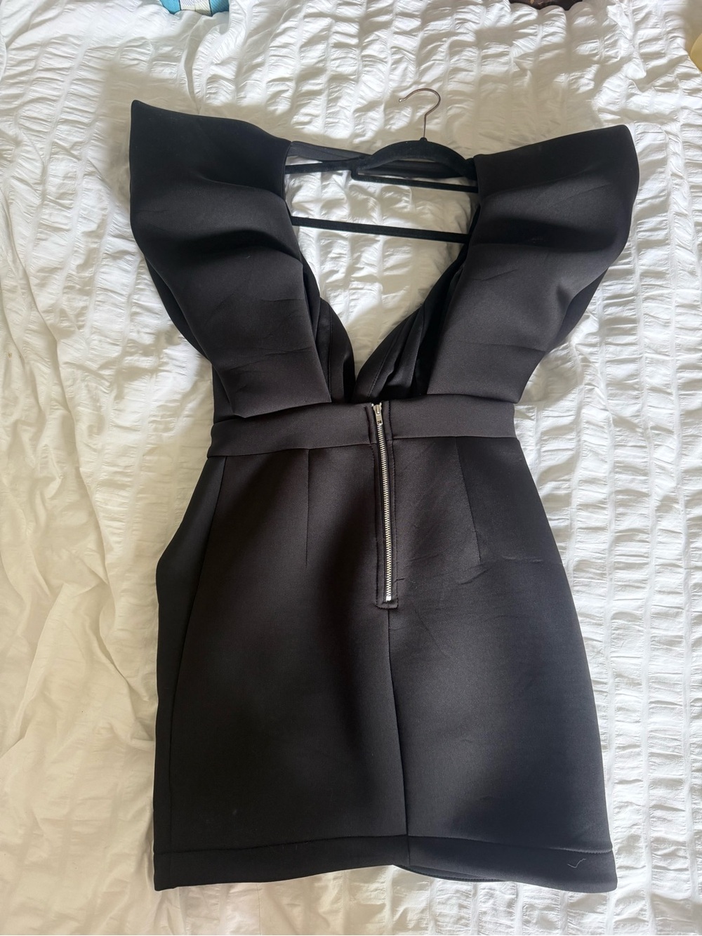 MARBLE Black Mini Dress with Sculpted Ruffle Shoulders